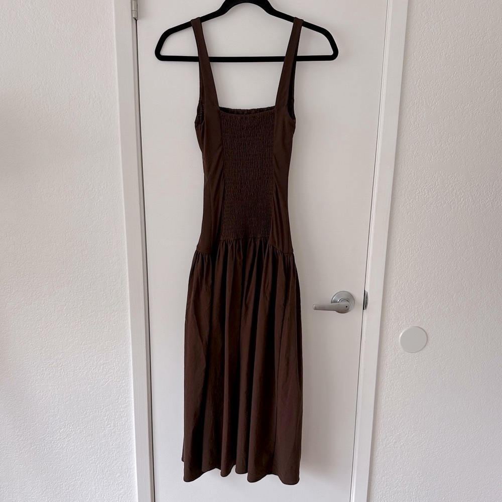 WeWoreWhat Smocked Drop Waist Midi Dress in Muted Eggplant - Picture 6 of 7